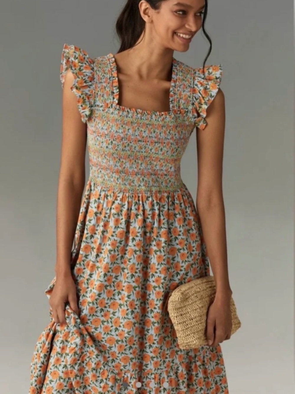 English Factory Floral Cream and Orange Smocked Midi Dress